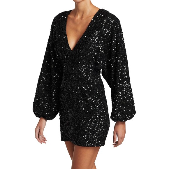 Retrofete Aubrielle Sequin Mini Dress L Black Chiffon Puff Sleeve Party Prom NWT - Picture 5 of 10
